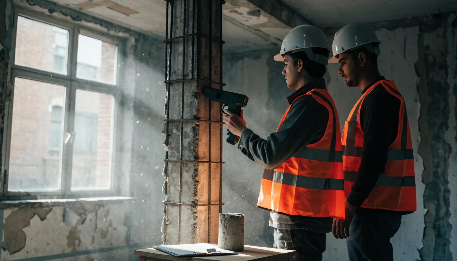 Riskli yapı tespiti için betonarme kolonda inceleme yapan inşaat mühendisleri